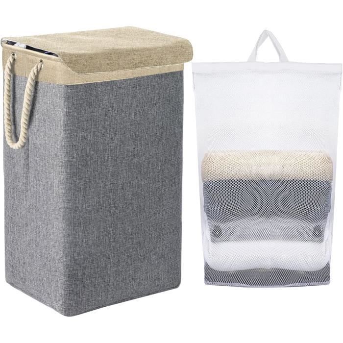 Panier à Linge Bois Blanc, Corbeille à Linge Sale Avec Couvercle A Charniere 395 × 395 × 61 Cm