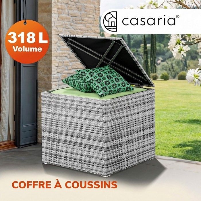 Casaria coffre de rangement 75x75x70cm idéal coussin polyrotin résistant intempéries revêtement imperméable intérieur