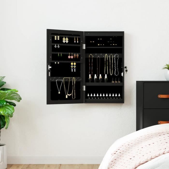 Armoire à Bijoux Avec Miroir Et LED S'bagno - Rangement Verrouillable, 360° Pivotant, 3 étagères - Surface Brune, Doublure Velours Noir