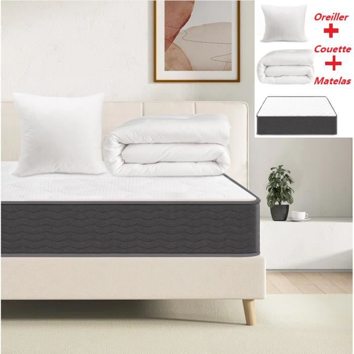Ensemble matelas mémoire de forme 90x190 Memo HR + couette 140x200 + oreillers 60x60