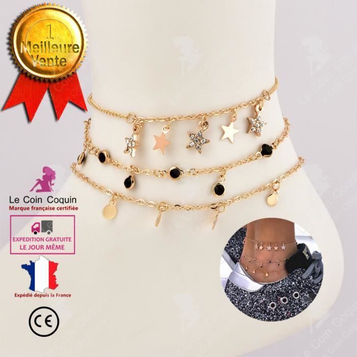 Bracelet De Cheville Or 3 Couches Réglable - Perles & Chaîne Plaqué Or - Bijou Plage été Pour Femmes