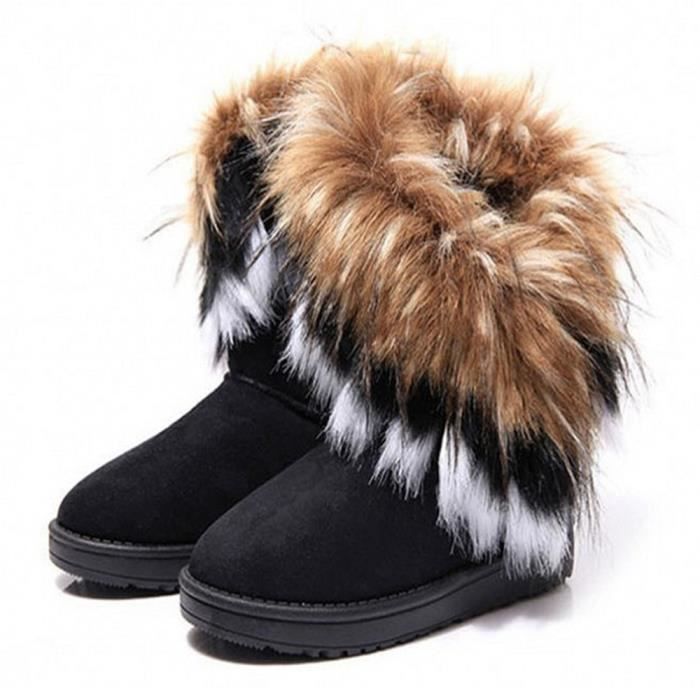 Femme hiver chaud en cuir véritable fourrure de renard épaissir Flats Neige Bottines Chaussures 