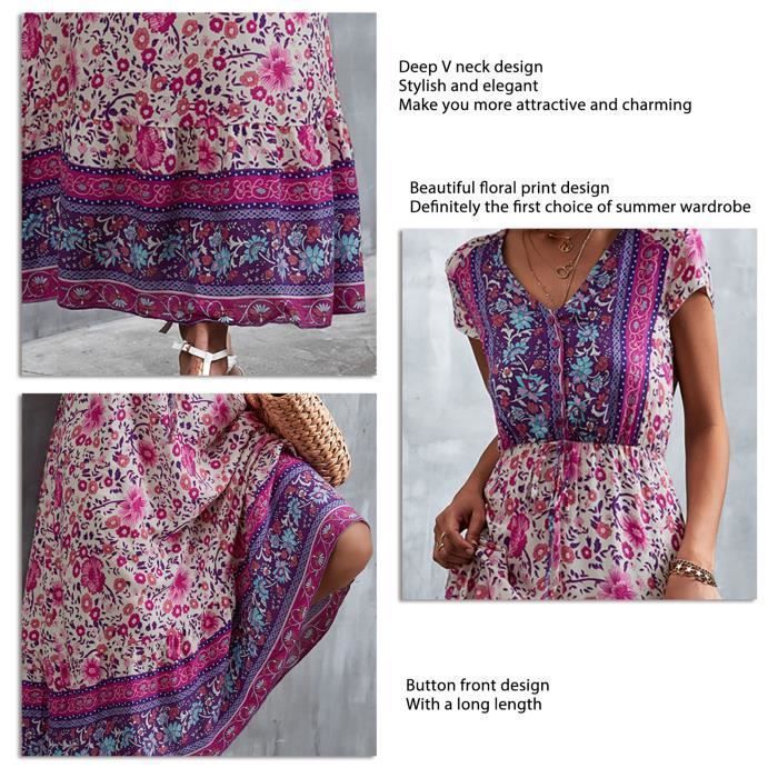 Robe florale pour femmes - Fafeicy - Robe Longue d'?�t?� Imprim?�e Florale ?� Col en V - Purple 