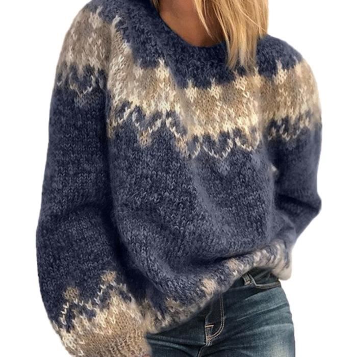 Pull Mohair Femme Col Rond à Manches Longues Automne Hiver Chandail Élégant Chaud Tricot Hauts Tops Casual Pullover Bleu