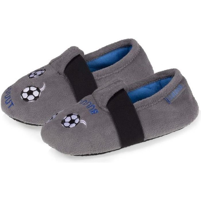 chaussons garçon gris - isotoner - slippers élastiques brodés ballons de foot - semelle antidérapante