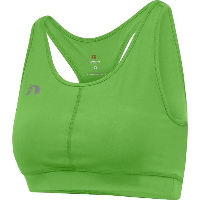 brassière de running femme newline core athletic - vert fluo - xs - dos nageur et logo réfléchissant