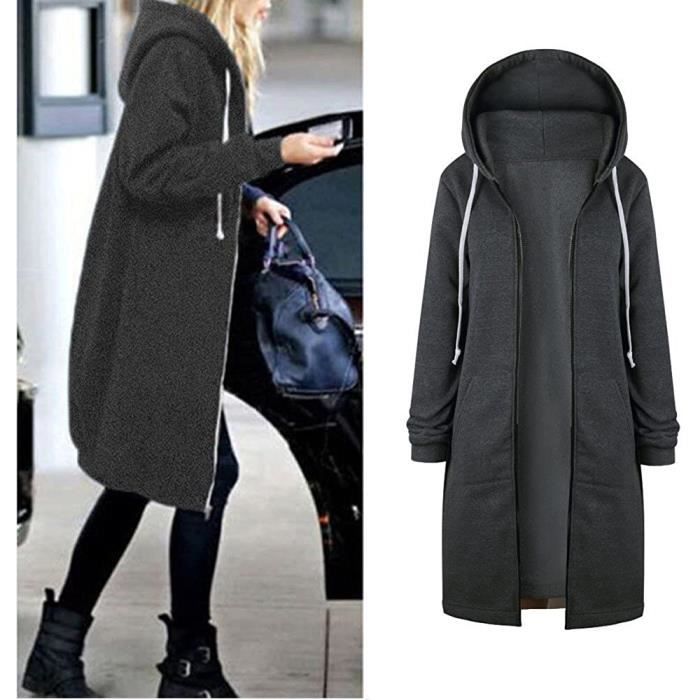 Sweat à Capuche Longue Femme Veste Manches Longues Casual Outwear Manteau  Long Hiver Grande Taille Pull Cardigan Zippé avec Poches