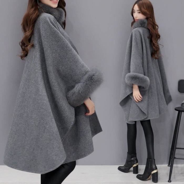 PONCHO Manteau de cape épais tout assorti pour femmes, manteau poncho de couleur pure et élégant style-Grey