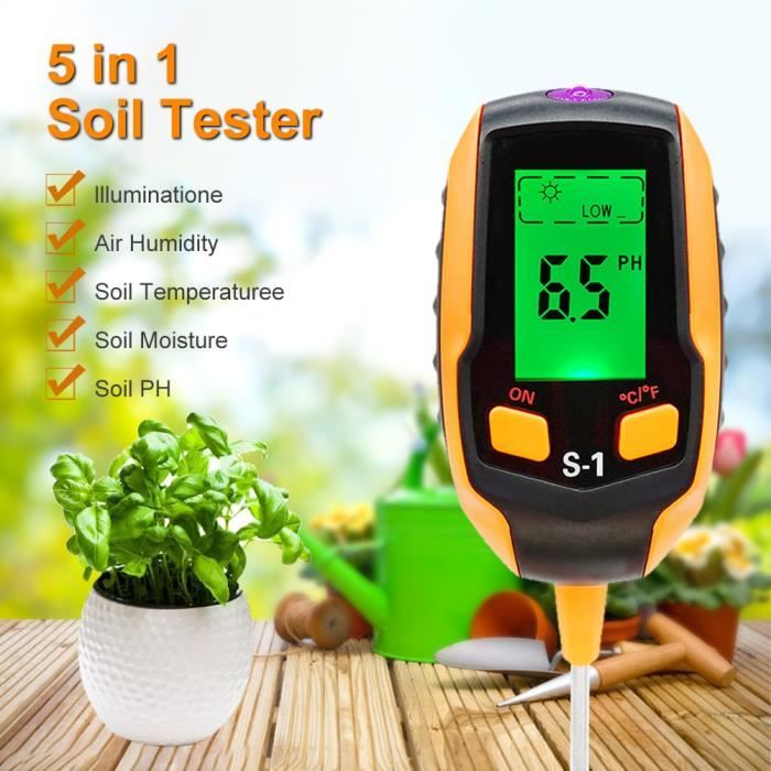 Testeur de Sol 5 en 1,Testeur d'humidité du Sol avec PH/température/lumière/humidité pour Les Plantes Ferme Légumes Herbe Jardin