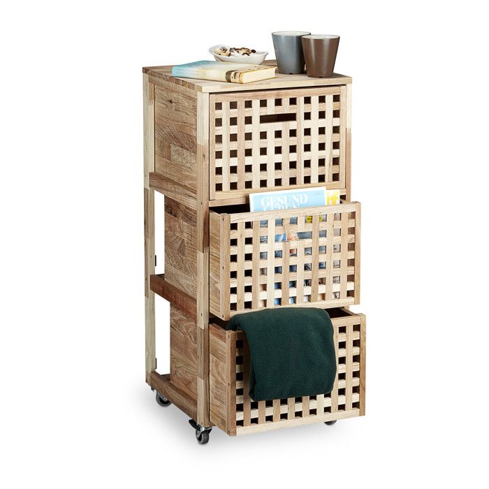 Relaxdays Meuble à roulettes 3 compartiments en bois et MDF H x L x P : env. 91 5 x 40 4 x 40 4 cm nature