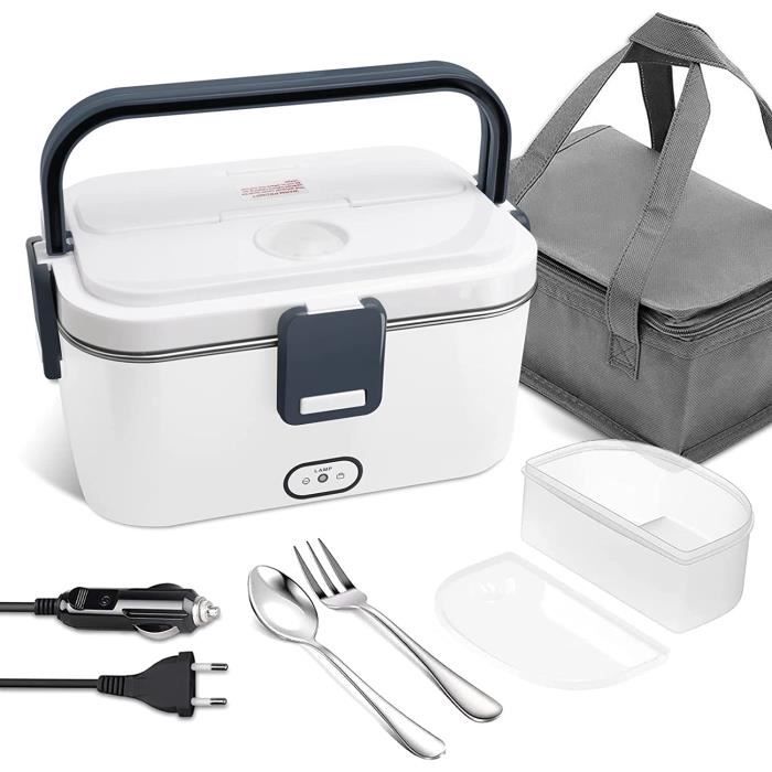 Gamelle Chauffante électrique 100W 1.8L - 12V/24V/220V - Pour Voiture, Camion, Bureau - Avec Sac Et Couverts Inox - 6