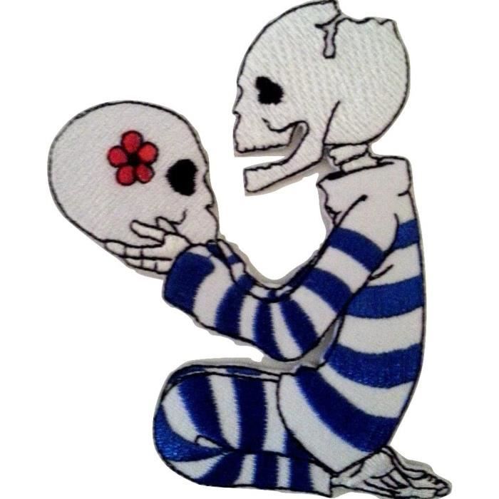 Écusson brodé à repasser ou à coudre Motif tête de mort Fleur Rouge