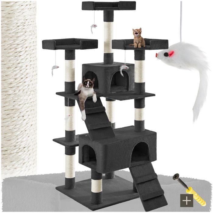 Comparer les prix de ARBRE A CHAT - TECTAKE - Arbre à chat 170 cm BARNEY Griffoir Grattoir Tronc + 4 Souris jouets + 2 Cabanes - Noir