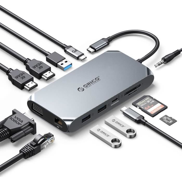 Station D'Accueil (Hub) USB Type-C 8-en-2 Avec Port Jack Audio 3.5mm Et Lecteur SD - Neuf