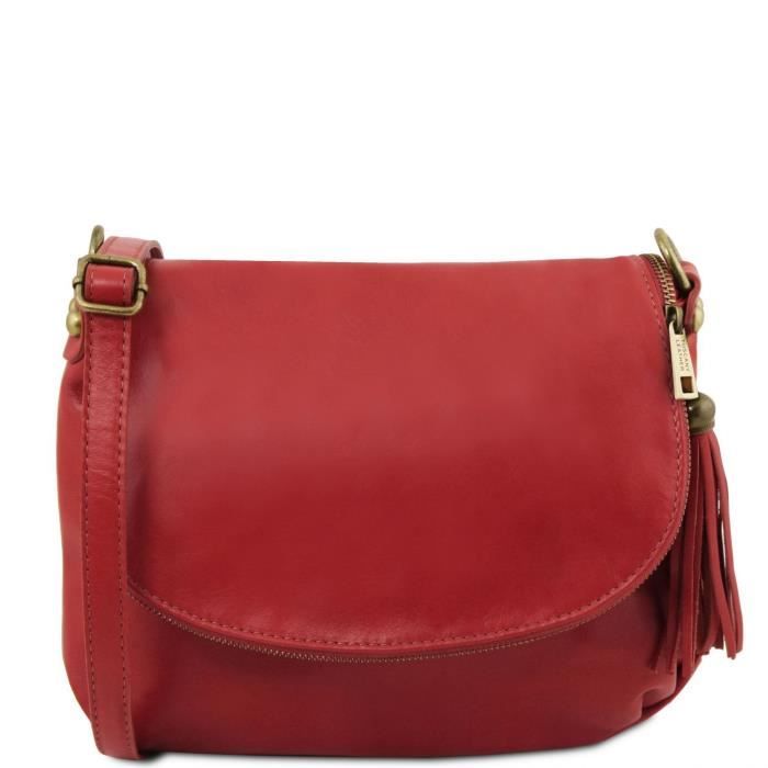 tuscany leather - tl bag - sac bandoulière besace en cuir souple avec pompon - rouge (tl141223)
