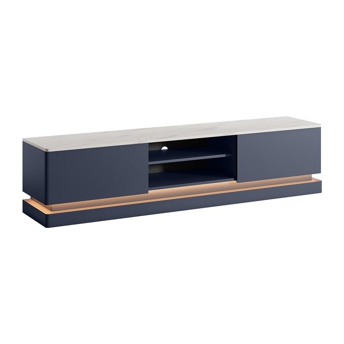Meuble TV 2 tiroirs et 2 niches avec LEDs en MDF - Bleu et effet marbre blanc - DEVIKA