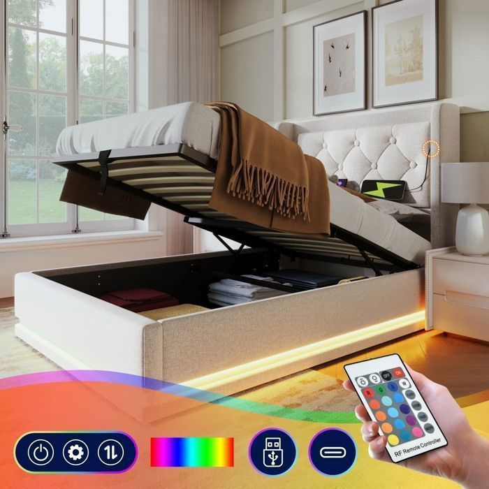 Lit Coffre 90x200 Cm En Similicuir Avec LED - Avec Ports De Recharge (filaire & Sans Fil) - Noir