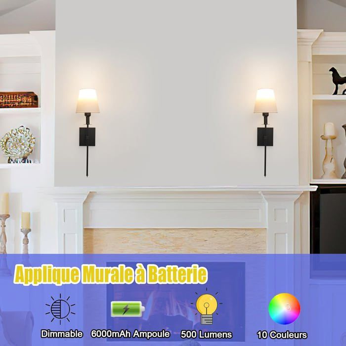 Lot De 2 Appliques Murales Rechargeables USB 8000mAh – Lampe LED Tactile Rotative 360° Avec Télécommande, 3 Températures, Dimmable, Minuterie – Noir 80 Cm
