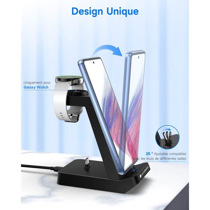 Chargeur Sans Fil Rapide 35W - Station Induction Compatible IPhone, Samsung, Xiaomi, Huawei, AirPods - Avec Câble USB-C - 3