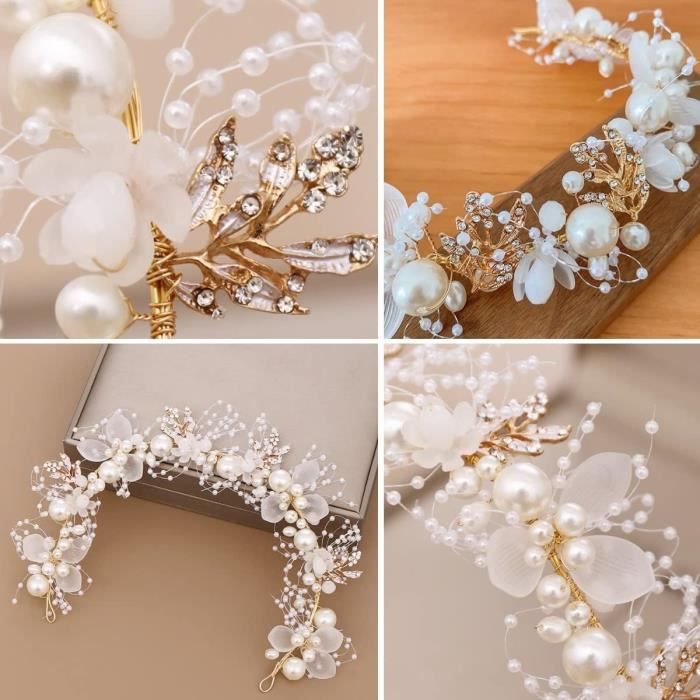 Couronne Fleurs Bandeau 5 Pinces à Cheveux - Accessoire Mariage Fille - Fleurs Blanches Et Perles - Ajustable