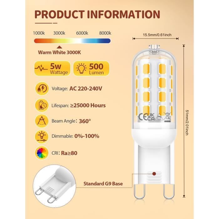 Ampoule Led G9 Dimmable, Blanc Chaud 3000K 500Lm, 5W Equivalent 45W