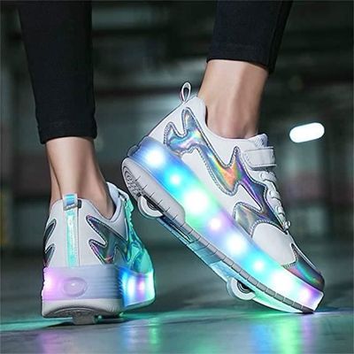 Chaussures Skateboard LED Glitter à Roues Rétractables Pour Enfants - Baskets Lumineuses Garçons Filles Deux Roues Auto-Rétractables