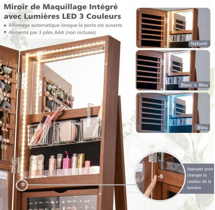 RELAX4LIFE Armoire à Bijoux Pivotante 360° Avec Miroir Pleine Longueur LED - Marron Rustique, Grand Rangement