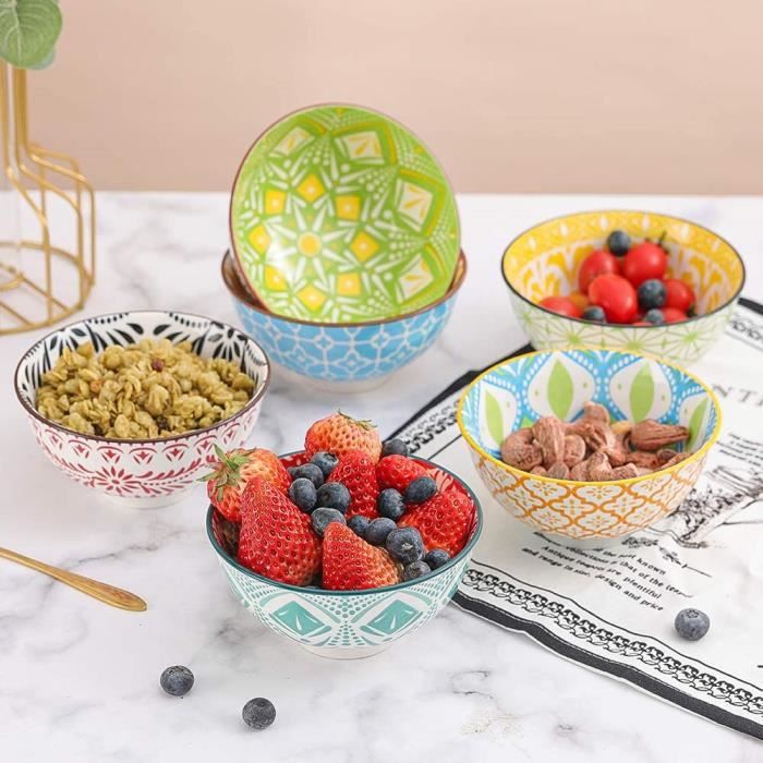 Lot De 6 Bols Petit Déjeuner Céramique - 300ml - Multi Couleurs - Pour Céréales, Soupe, Dessert - Lavable Lave-Vaisselle