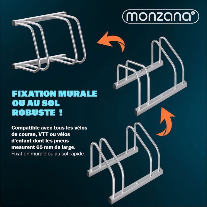 MONZANA Râtelier à Vélo En Métal Pour 2 à 6 Vélos - Support Sol Ou Mur, Pneus Jusqu'à 65 Mm, Gain De Place Intérieur/Extérieur