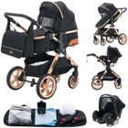 YAZOCO - Poussette combinée 3en1 - Avec nacelle-siège auto - Jusqu'à 15Kg - Or-Noir
