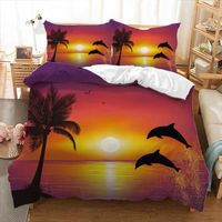 Paysage dauphins cocotier sous la coucher du soleil Parure de lit 3 piece 1 housse de couette 220*240cm et 2 taie d'oreiller