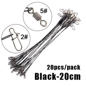FIL DE PÊCHE noir-20cm---FTK Laisse de pêche à fil en acier inoxydable, 20 pièces,50lb, ligne anti morsure, pour brochet