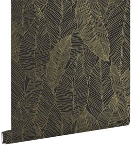 PAPIER PEINT papier peint feuilles dessinées noir et or - 0,53 
