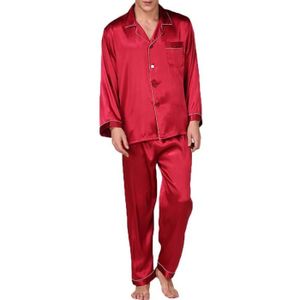 PYJAMA Hommes Pyjamas en Soie Grande Chemise de Nuit en Satin vêtements de Maison imprimé Pyjamas géométriques V-Cou,Rouge