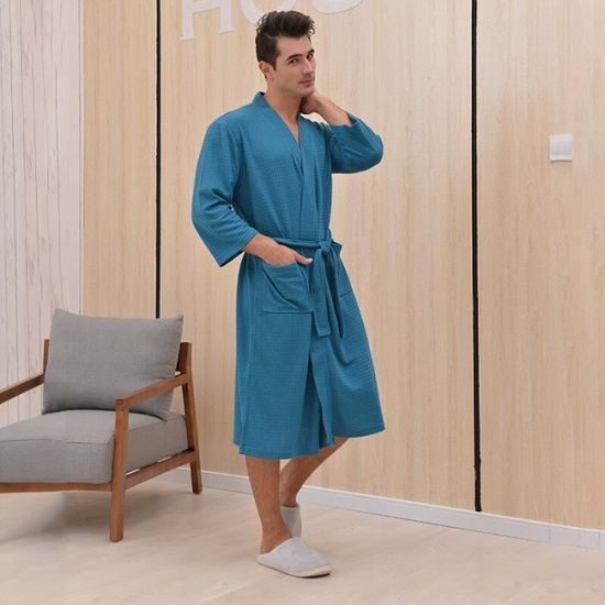 Peignoir ?� carreaux et manches longues pour homme, couleur unie, peignoir de bain, h?�tel, maison 