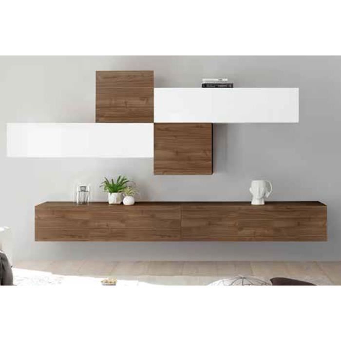 LUDOVICA 48 LAQUE BLANC ET NOYER FONCE ENSEMBLE COMPOSITION MURALE MEUBLE TV TENDANCE