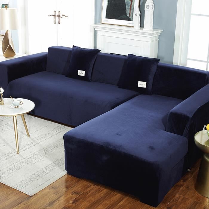 Housse de canapé en forme de L en peluche épaisse de couleur unie, sac universel simple tout-en-un élastique antidérapant - bleu