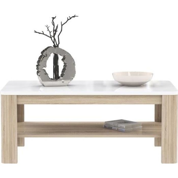 Table Basse rectangulaire Plateau laqué Blanc et piétement Bois - Collection ALEXIANE