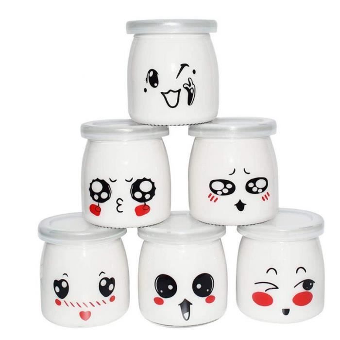 Pot Yaourt Bocaux Lot de 6 Pcs Pot Crème Dessert en Verre avec Décor émoticône, Pailles réutilisables Cuillère INOX Inclus (200ml)