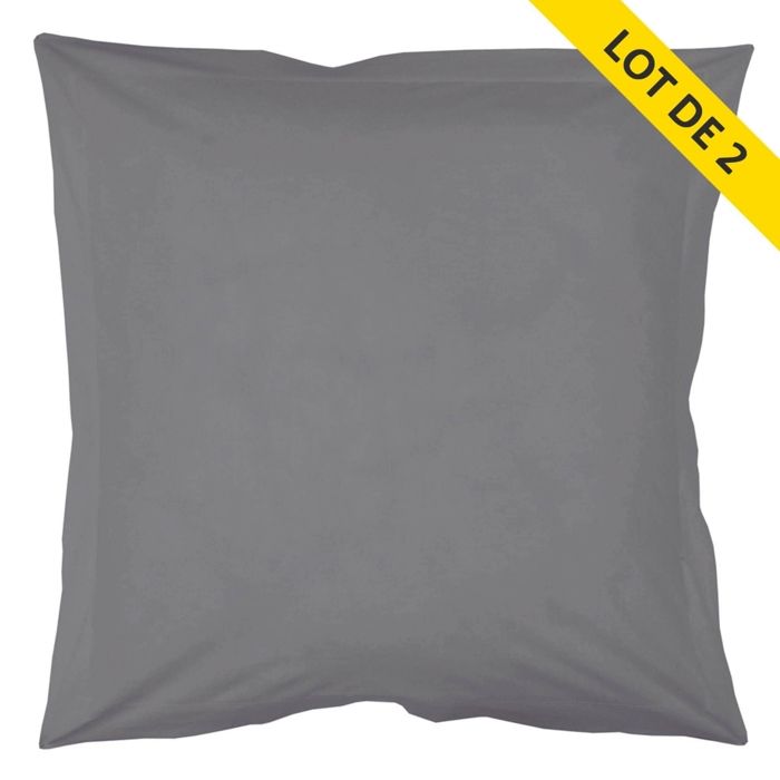 Lot 2 taies oreiller volant plat 63x63 100% coton 57 fils + pt bourdon Gris souris
