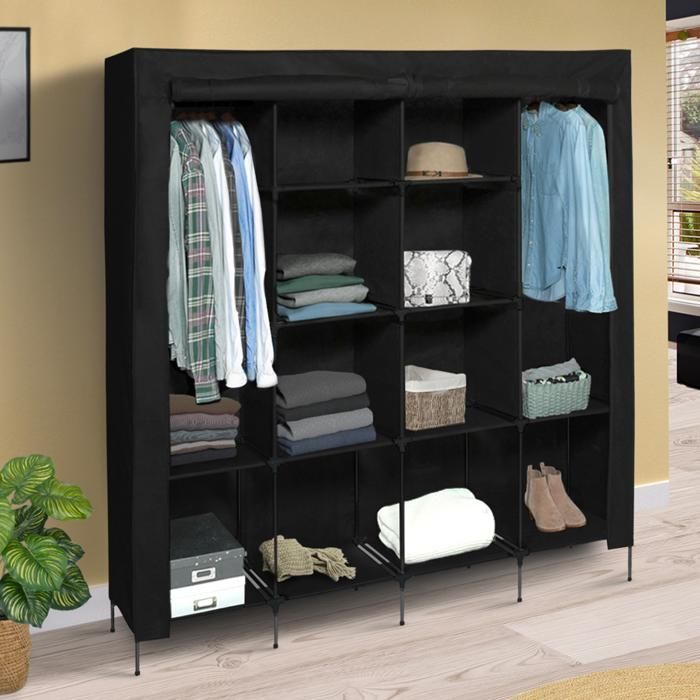 Grande armoire de rangement noire dressing DOUBLE penderie XXL tissu