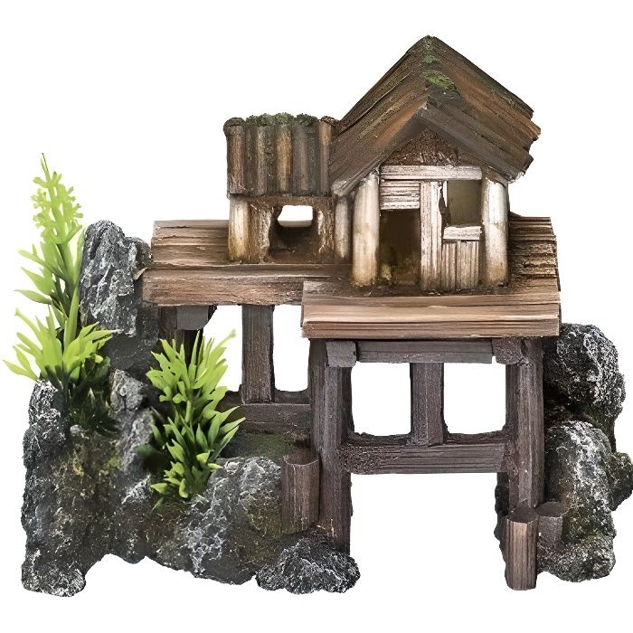 Nobby - Décoration pour aquarium - Avec plantes - Maison en bois - 15,5 x 8 x 12 cm