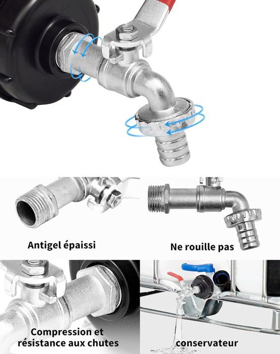 Robinet Pour Cuve IBC 1000L - 1/2" S60X6 Avec Adaptateur Extension - Pour Récupération Eau Pluie