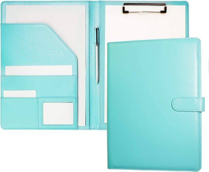 Porte Document A4 Mymazn - Porte Bloc En Faux Cuir - Organiseur Avec Pochettes Et Presse-Papiers - Turquoise Pâle