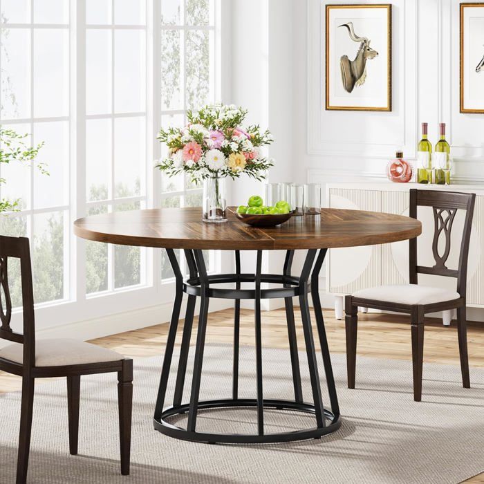 Finmind Table de salle à Manger ronde pour 4 personnesTable Ronde de Salle à Manger avec base en métalTable Ronde 120 cmMarron