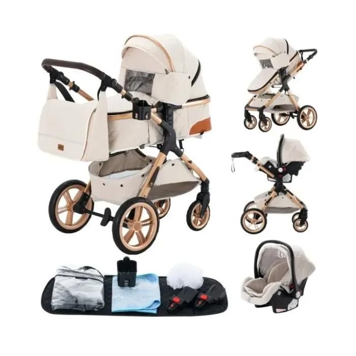 Poussette 3 en 1 Bébé Combinée Siège-Auto Nacelle Trio Réversible Réglable Haute Qualité Roues increvables Canne.blanc