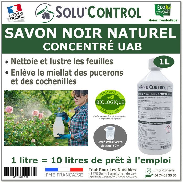 Savon Noir Naturel Concentré UAB SoluControl 1 litre Nettoyant Feuilles et Enlève Miellat - pucerons - cochenilles