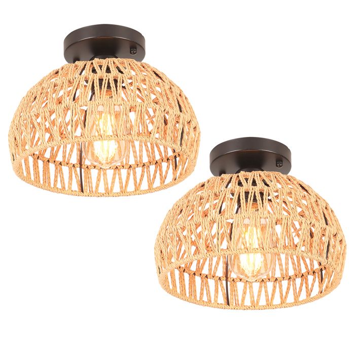 Lot de 2 Plafonniers Luminaires Industriel en Rotin TOKIUS Lampe plafond Vintage Tissé à La Main pour Couloir Salon Salle à manger