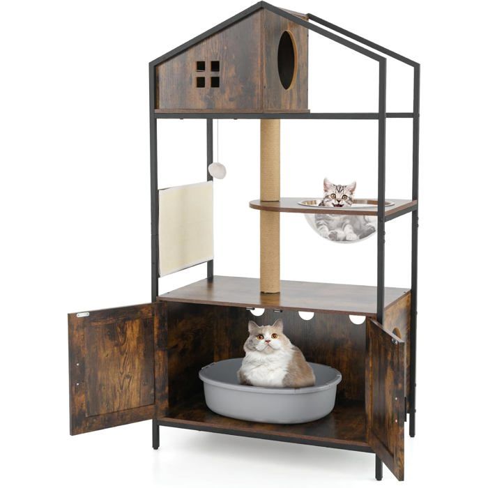 COSTWAY Arbre à Chat Multi-Niveaux 80x48x150cm Meuble Condo pour Chat Compartiment pour Bac à Litière Poteaux à Gratter et Tapis