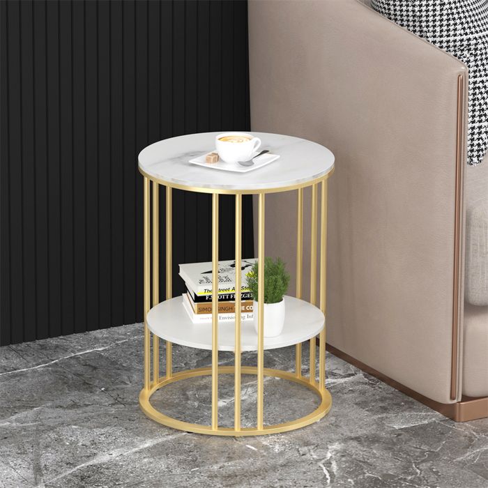 Table d’Appoint Marbre Ronde - Bout de Canapé de Salon Métal Design à 2 Niveaux - pour Salon Bureau Chambre - Doré